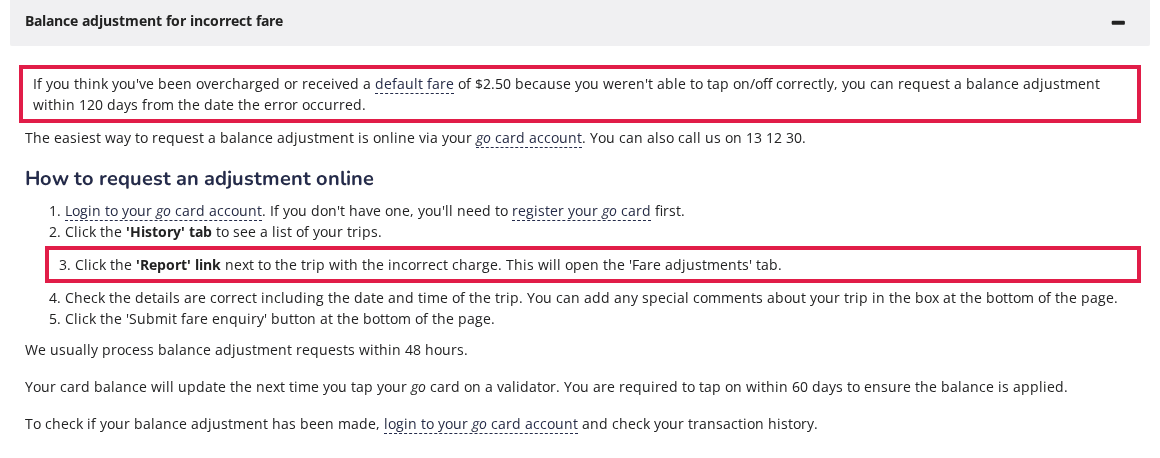 Translink About go card page, Balance adjustment for incorrect fare section, with the 120-day line and the Report link step outlined in red