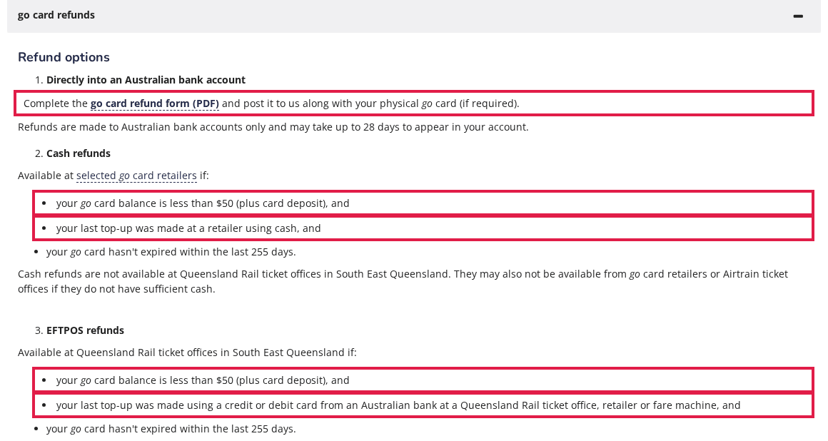 Translink buy and refund tickets page, go card refunds section, with the refund form line and the under-$50 balance and last top-up conditions for cash and EFTPOS refunds outlined in red