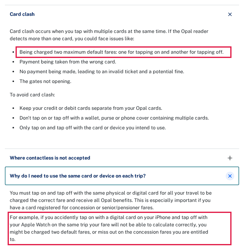 TfNSW contactless FAQ with the Card clash line about two maximum default fares and the iPhone and Apple Watch example outlined in red