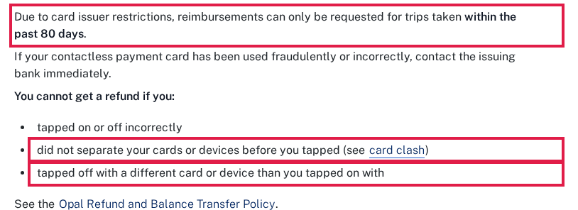 TfNSW contactless reimbursements page with the 80-day limit and the no-refund lines for card clash and tapping off with a different card or device outlined in red