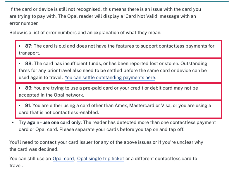 TfNSW contactless FAQ list of Card Not Valid error numbers 87, 88, 89 and 91, each outlined in red