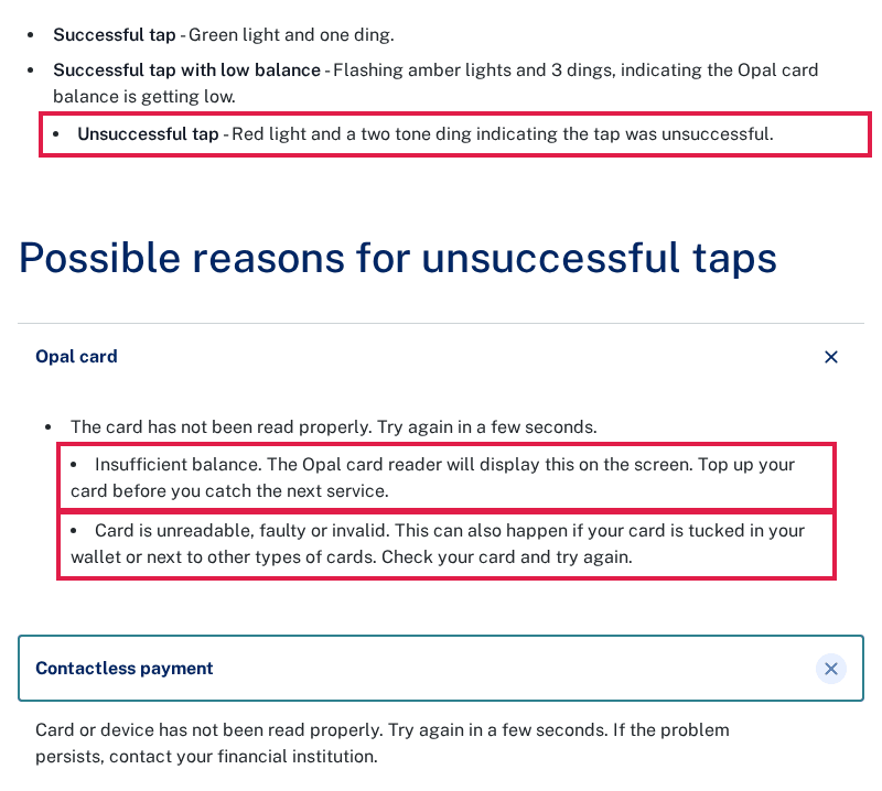 TfNSW tapping on and off page with the unsuccessful tap line, the insufficient balance line and the card unreadable line outlined in red