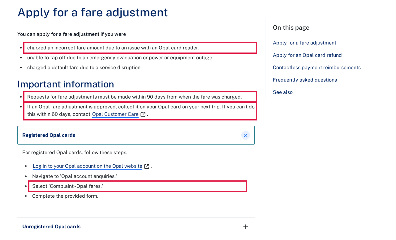 TfNSW fare adjustment section with the Opal card reader line, the 90-day deadline, the 60-day collection rule and the Complaint - Opal fares step outlined in red