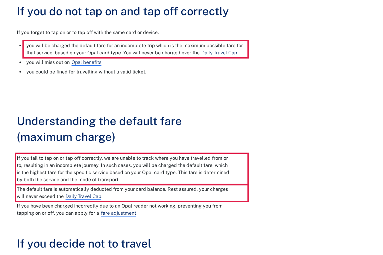 TfNSW tapping on and off page with the default fare definition and the Daily Travel Cap line outlined in red