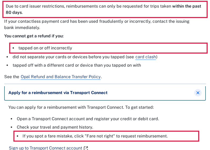TfNSW contactless reimbursements page with the 80-day limit, the tapped on or off incorrectly exclusion and the Fare not right step outlined
