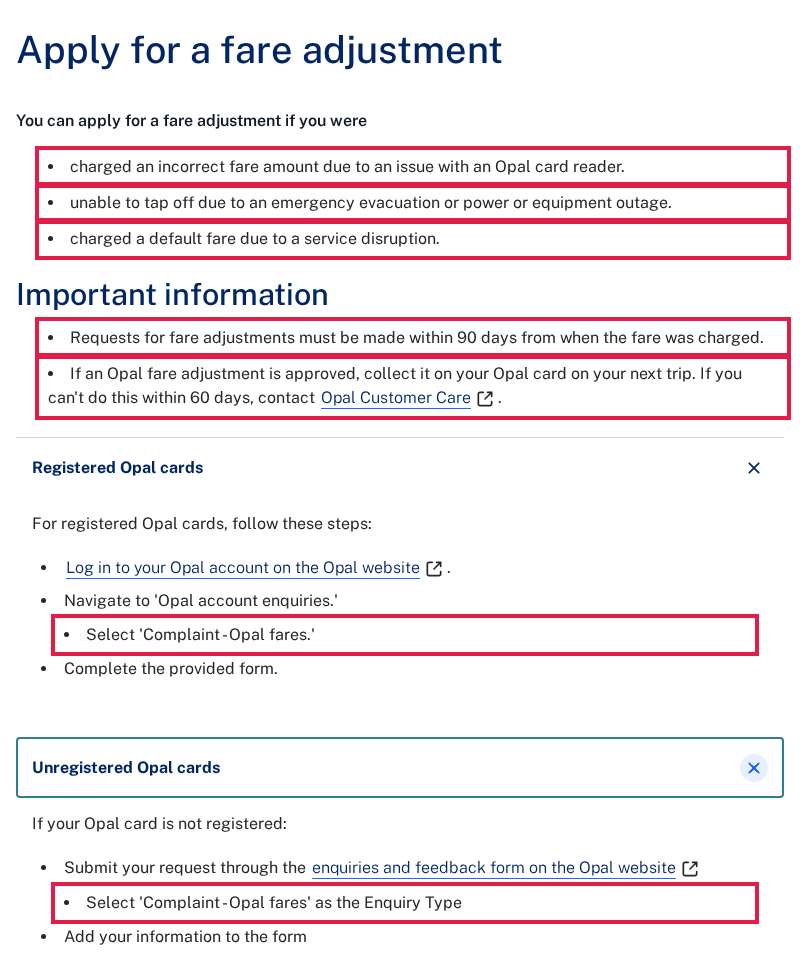 TfNSW Opal refunds page with the three fare adjustment reasons, the 90-day and 60-day rules and the Complaint - Opal fares step outlined in red