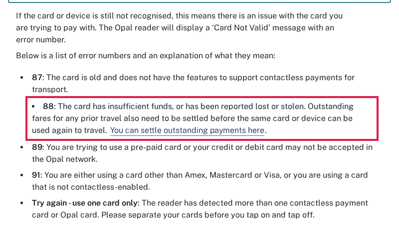 TfNSW contactless FAQ list of Card Not Valid error codes with error 88, insufficient funds and outstanding fares, outlined in red