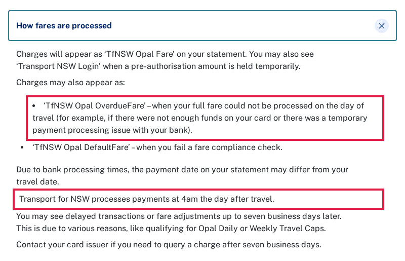 TfNSW contactless FAQ, How fares are processed section, with the TfNSW Opal OverdueFare line and the 4am processing line outlined in red