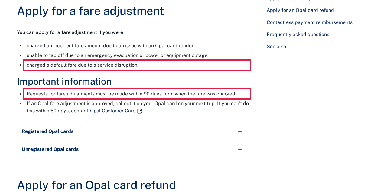 TfNSW Opal refunds page listing the three fare adjustment grounds and the 90-day deadline