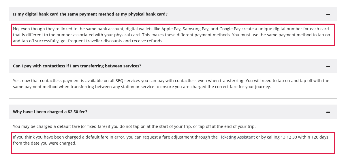 Translink contactless payments FAQ with the answer that digital and physical bank cards are different payment methods, and the $2.50 fee answer with the 120-day adjustment window, outlined in red