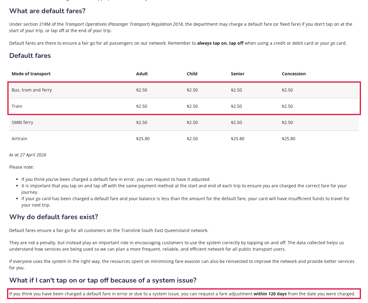 Translink default fares table with the $2.50 bus, tram, ferry and train rows and the 120-day fare adjustment line outlined in red